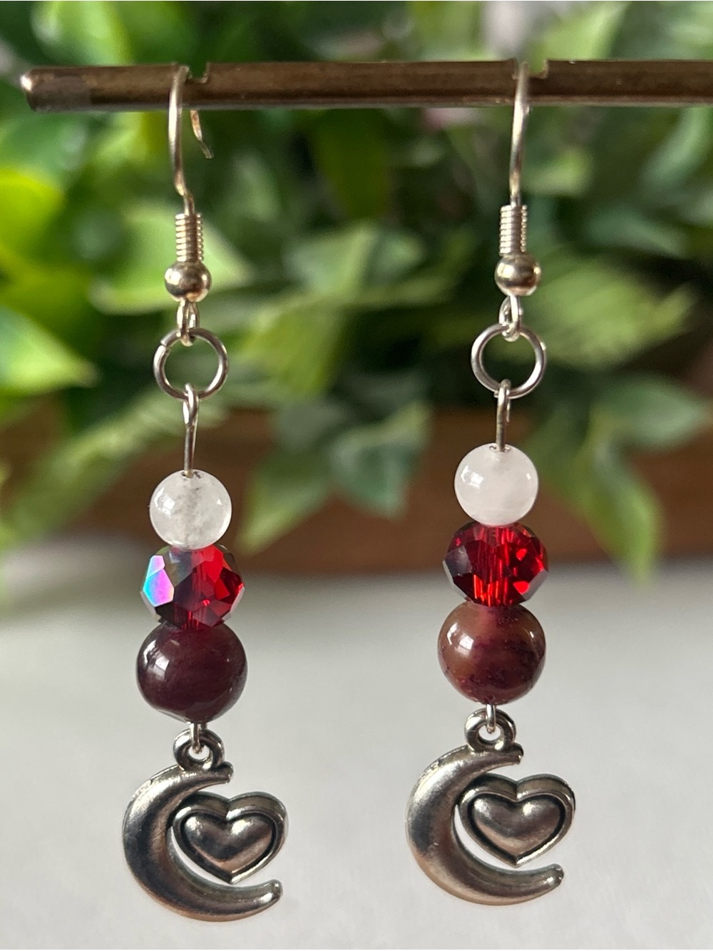 Handmade heart and moon earrings with moonstone + galaxy tigers eye beads